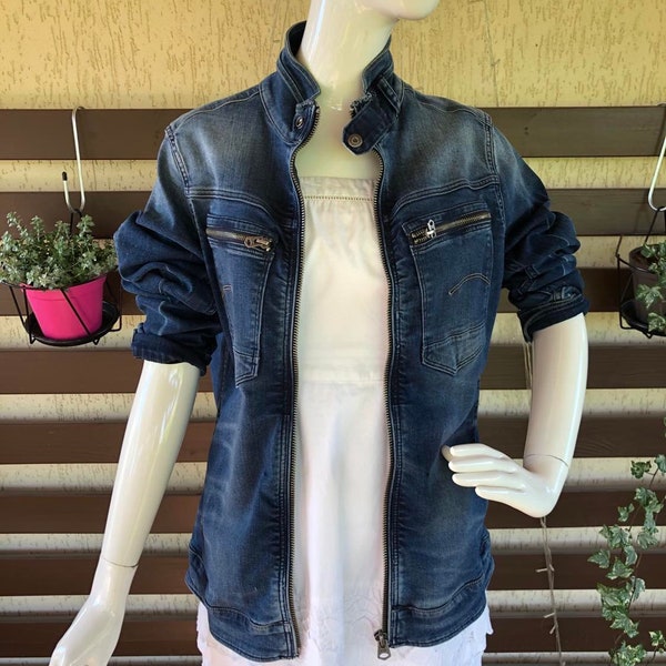 Années 2000 vintage G-star Raw Slim Fit Stylish Unisex Jeans Veste Bleu Blanchi Denim Manches Longues Cardigan Casual Everyday Blazer High Collar L