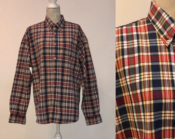 1990's Checkered Shirt Blue Red Yellow Work Shirt Plaid Men Western Cowboy Cotton Long Sleeves Country Casual Everyday Checked Size Large