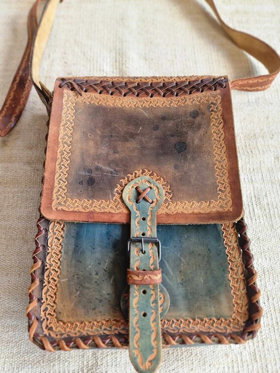 Vintage Real Leather Brown Green Shoulder Bag Fol… - image 3