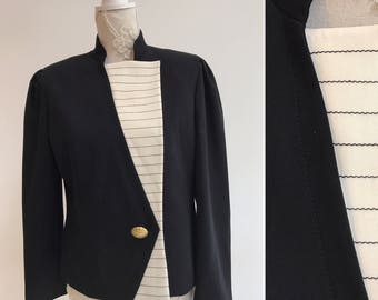 1990's Vintage Black Long Sleeves Blazer Bolero Decorative Two Layers Collar Closure Jacket Black White Stripe Gold Button Cardigan