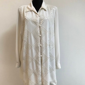 Women's White Blouse 1990s Secretary's Embroidered Flitter Button up Blouse Long Sleeves Shiny White Shirt Teachers Blouse Size L XL