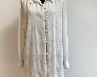 Women's White Blouse 1990s Secretary's Embroidered Flitter Button up Blouse Long Sleeves Shiny White Shirt Teachers Blouse Size L XL