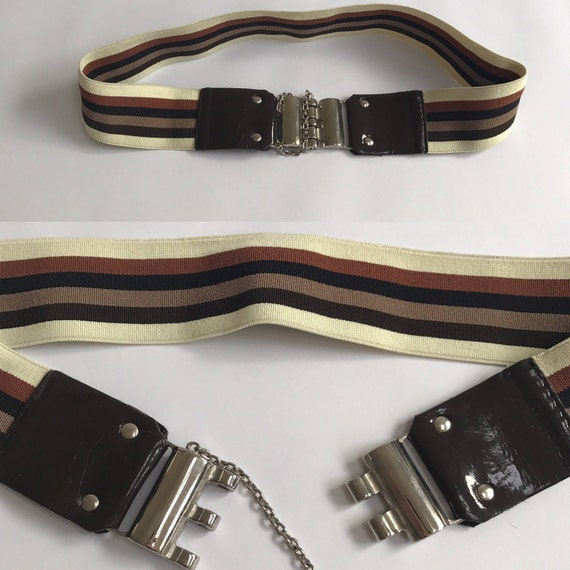 1980s Vintage Striped Elastic Belt Beige Brown Cin