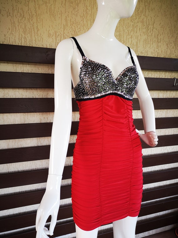 1980's Vintage Elegant Elastic Dress Shiny Glitter Sleeveless Slim Fit Mini  Cocktail Party Retro Black Red Draped Disco Evening Wiggle S - Etsy