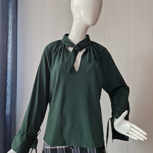 Women&#39;s Green Blouse Silky Secretary&#39;s Blouse Long Tie Sleeves Casual Pullover V turtleneck with a buckle Office Top Elegant Shirt Size S/M