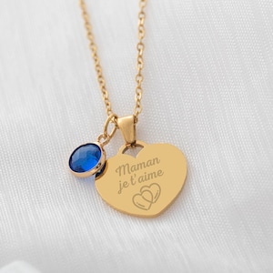 Personalized necklace with heart medal to engrave and birthstone - Name necklace, Birth gift, mom necklace or birth