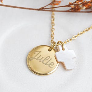 Necklace with engraved mother-of-pearl cross medal for baptism or communion to personalize, religious gift for children and adults