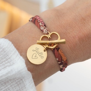 Liberty cotton cord T-shaped clasp bracelet with medals to engrave, heart shape, Birth gift Mom gift Mother&#39;s Day