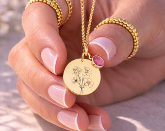 Birth Flower Necklace with Silver, Gold, and Rose Gold Pendant - Gift for Godmother, Mother, Birthday, or Newborn Daughter