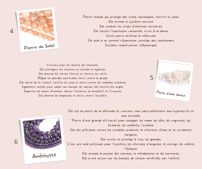 May include: The image showcases three different types of gemstones. The first is a strand of peach-colored beads labeled "Pierre du Soleil." The second is a strand of white pearls labeled "Perle d'eau douce." The third is a strand of purple amethyst beads labeled "Am&eacute;thyste."