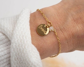 Minimalist medal bracelet to engrave pearl Personalized Godmother aunt sister