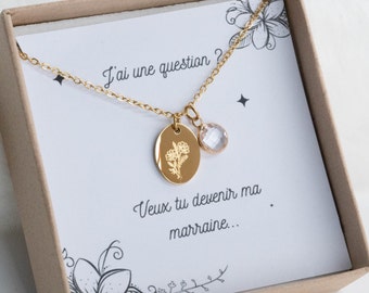 Coffret collier annonce grossesse, Collier personnalisé, fleur et Pierre de naissance cadeau personnalisé, demande marraine, soeur, mamie