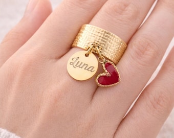 女性用刻印リング、刻印ハートチャームリング、パーソナライズされた 