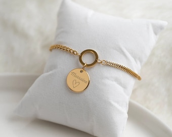 Bracelet minimaliste chaîne avec médaille à graver en acier inoxydable Bracelet personnalisé, Cadeau naissance, Cadeau maman