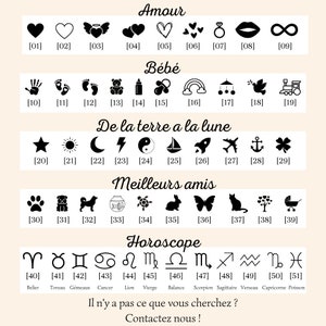 May include: A collection of black line art icons, including hearts, stars, and zodiac symbols, arranged in categories like "Love," "Baby," and "Best Friends." The image also includes the text "Contact us!"