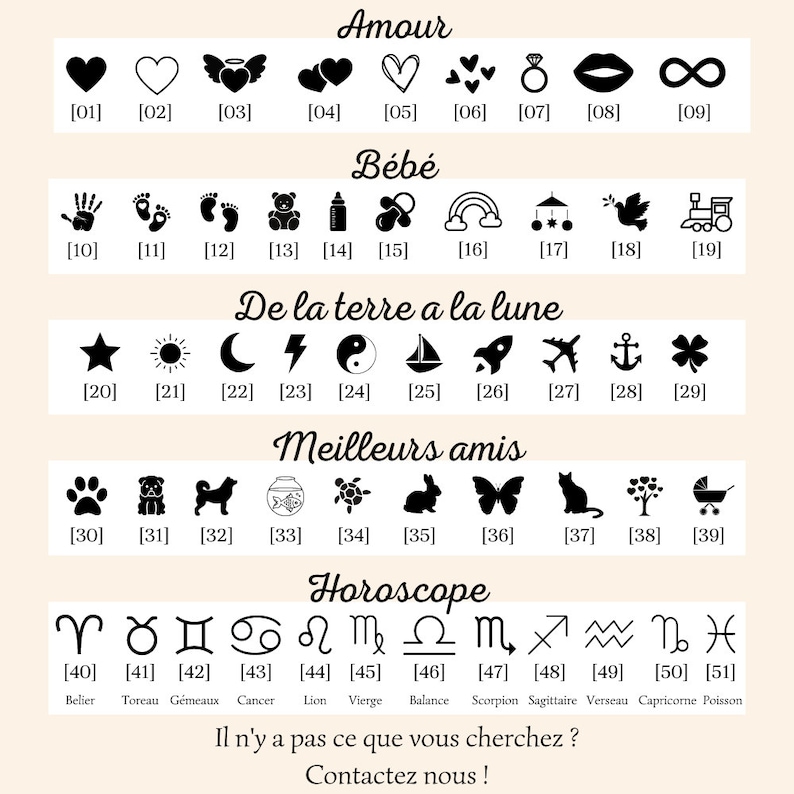 May include: A collection of black line art icons, including hearts, stars, and zodiac symbols, arranged in categories like "Love," "Baby," and "Best Friends." The image also includes the text "Contact us!"