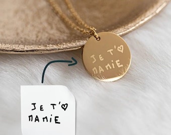 Personalized handwriting necklace, child's drawing, child's text, signature engraving, personalized jewelry, grandma gift