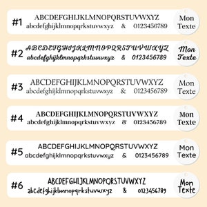 May include: A collection of six font samples, each displaying uppercase and lowercase alphabets, numbers, and the ampersand symbol. Each sample is labeled with a number and includes the text "Mon Texte" on a tag.