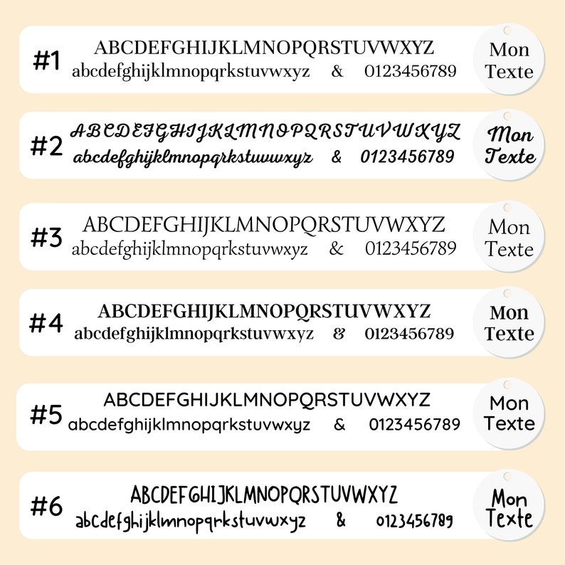 May include: A collection of six font samples, each displaying uppercase and lowercase alphabets, numbers, and the ampersand symbol. Each sample is labeled with a number and includes the text "Mon Texte" on a tag.