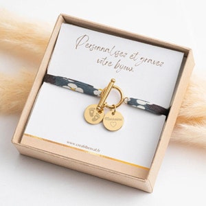 Personalized bracelet in liberty cotton cord with medals to engrave, first name bracelet, Birth gift Mom gift Mother's Day