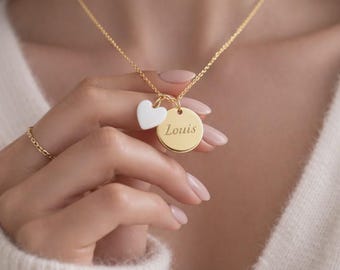 Personalized necklace with round mother-of-pearl medal to engrave Women's necklace personalized gift, mom gift, birth gift