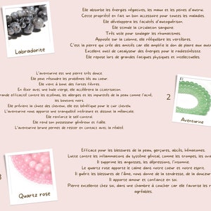 May include: Image featuring three different types of gemstones: Labradorite, Aventurine, and Rose Quartz. Each stone is displayed with a description in French. The Labradorite is a dark gray color, Aventurine is green, and Rose Quartz is pink.