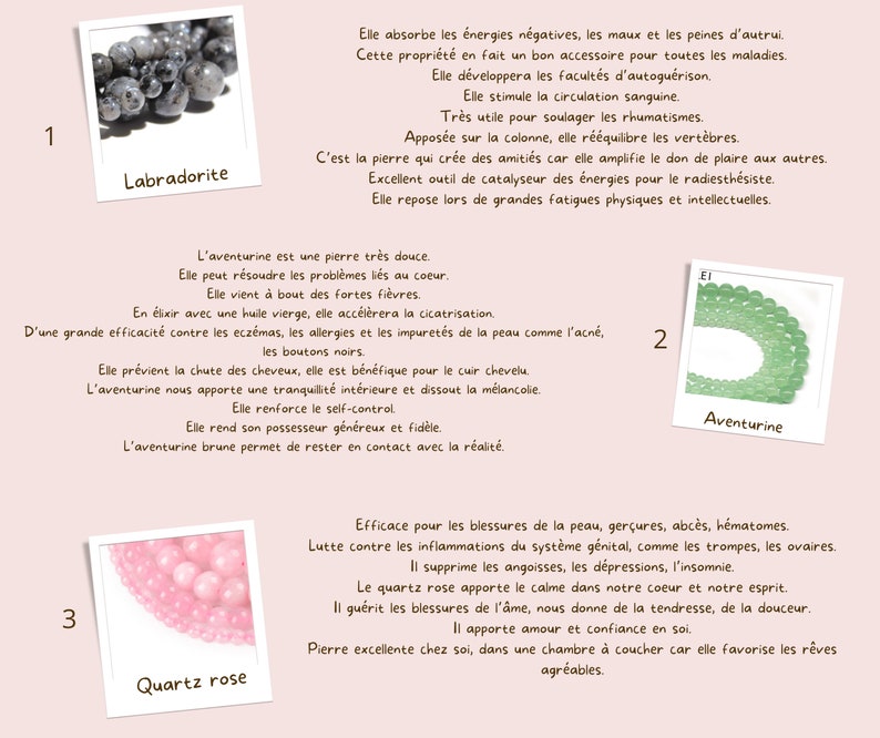 May include: Image featuring three different types of gemstones: Labradorite, Aventurine, and Rose Quartz. Each stone is displayed with a description in French. The Labradorite is a dark gray color, Aventurine is green, and Rose Quartz is pink.