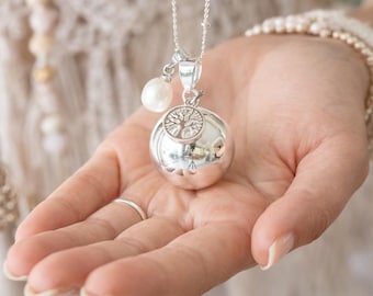 Smooth silver pregnancy bola charm tree of life freshwater pearl