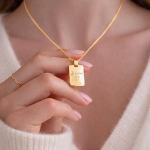 Personalized engraved necklace | Gold or silver stainless steel rectangular pendant | Necklace with name and date message | Personalized gift for women