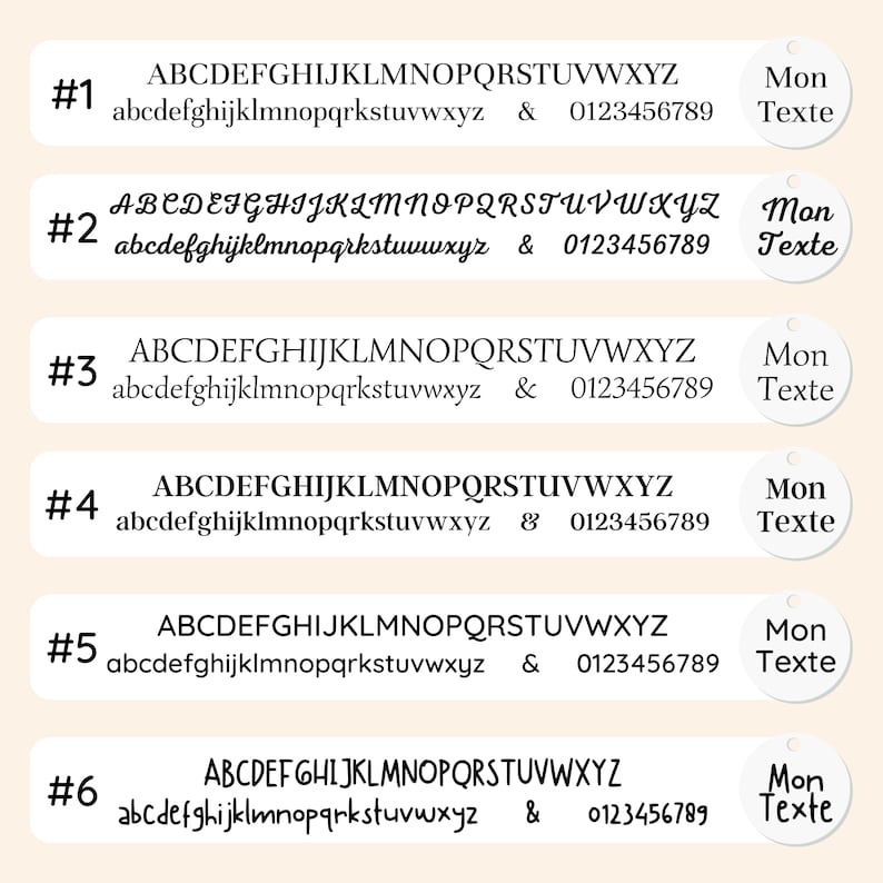 May include: Six white tags with different font styles displaying the alphabet, numbers, and the text "Mon Texte". Each tag has a unique font style for the uppercase and lowercase letters, and numbers.