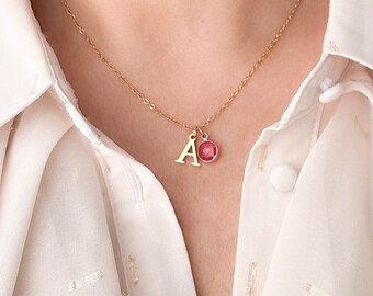 Personalized Initial Necklace with Birthstone, Letter Necklace, Birthstone Necklace, Birthday Gift