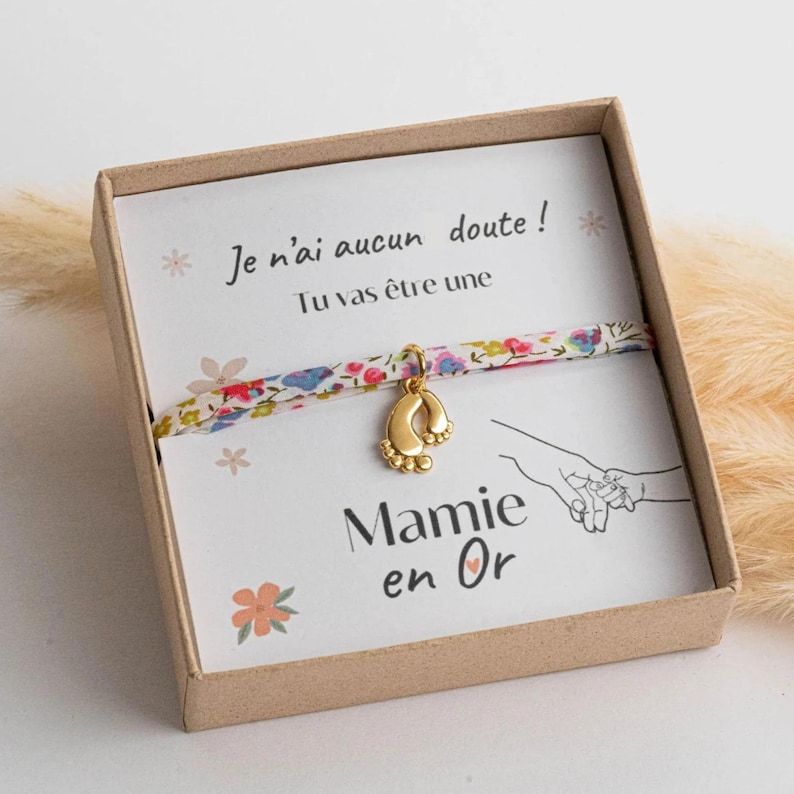 Coffret bracelet annonce grossesse, bracelet liberty, annonce bébé, cadeau personnalisé, demande marraine, témoin, soeur, mamie image 1