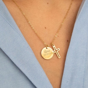 Engravable Confirmation Cross Medal Pendant Necklace, Baptism Gift, Stainless Steel for Women and Children