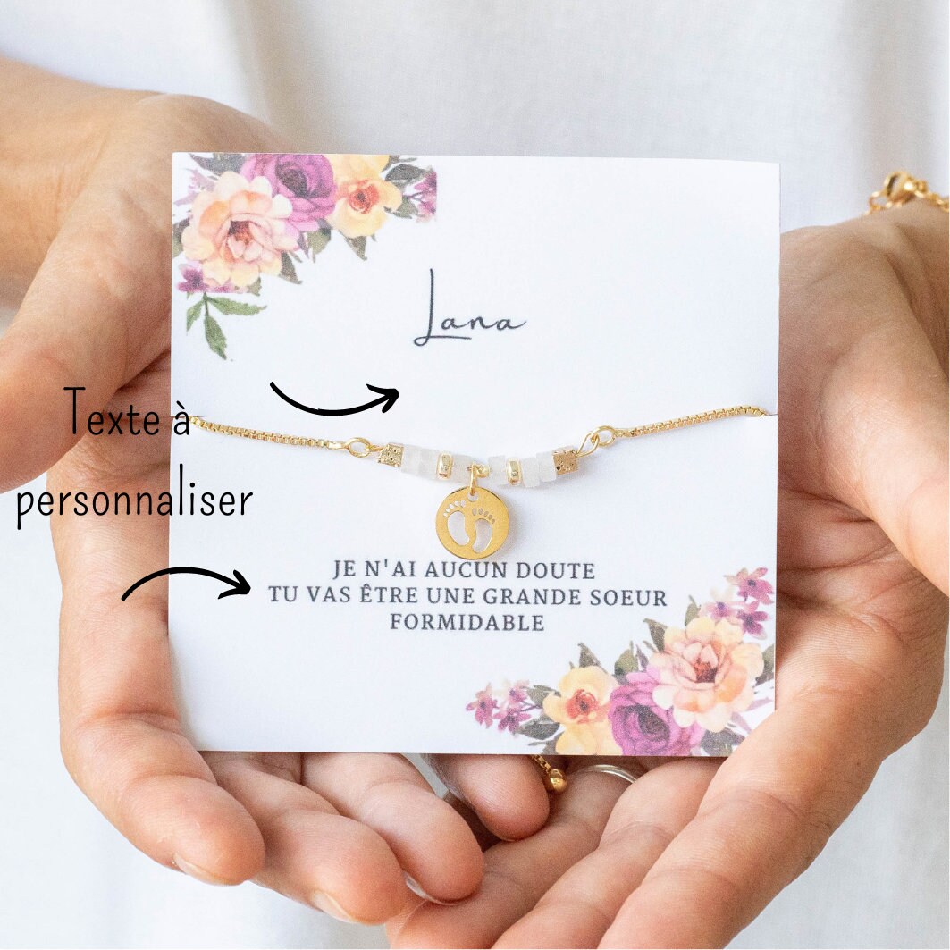 Bracelet Grande Sœur Perles Argile - Cordon Ajustable, Cadeau Fille Avec Carte, Rose, Anniversaire Noël - 9