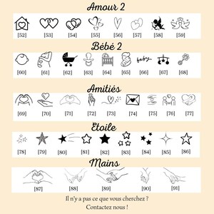 May include: A collection of black and white line art illustrations, including hearts, stars, baby-themed icons, and hand gestures. The text includes the words "Amour 2", "B&eacute;b&eacute; 2", "Amiti&eacute;s", "Etoile", and "Mains".