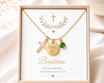 Baptismal chain necklace with cross pendant and engraved stainless steel, gold and silver, gift for godchild, baptism, communion, and confirmation jewelry