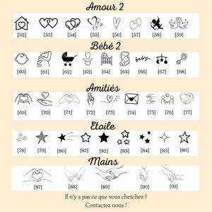 May include: A collection of black and white line art illustrations, including hearts, stars, baby-themed icons, and hand gestures. The image is organized into categories with French titles like "Amour" and "Amiti&eacute;s."