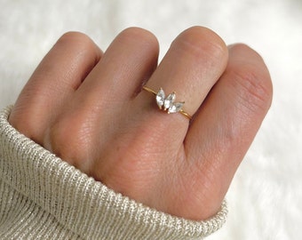 Verstellbarer Edelstahl-Kristallblatt-Ring – Damenschmuck – Gold oder Silber