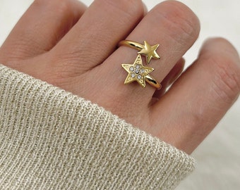 Adjustable stainless steel star ring - Women's jewelry - gold or silver