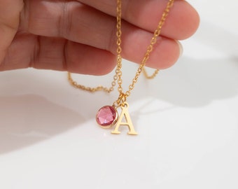 Personalized Initial Necklace with Birthstone, Letter Necklace, Birthstone Necklace, Birthday Gift