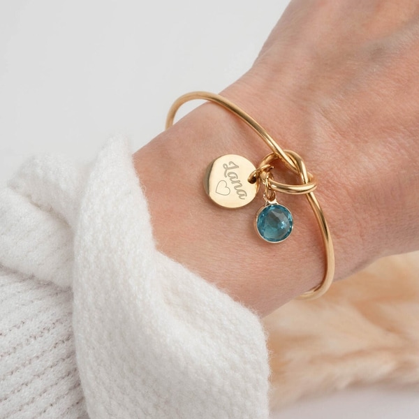 Bangle bracelet knot jewelry engraving Woman Personalized birthstone Gift Mom Grandma