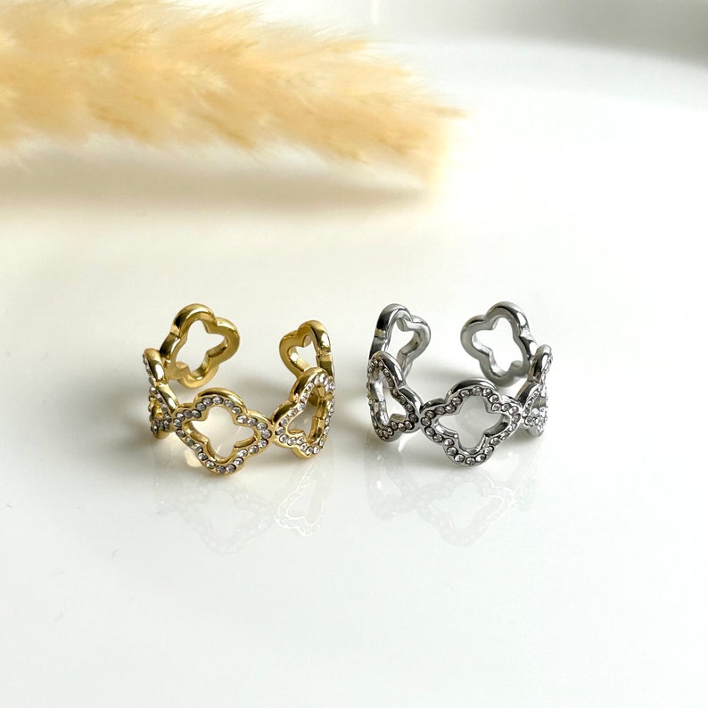 Adjustable rhinestone clover stainless steel ring Women's jewelry gold or silver image 3