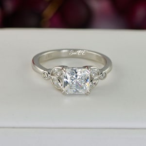 Art Deco Princess Cut Sterling Silver Engagement Ring: 3.3ct Simulated Diamond