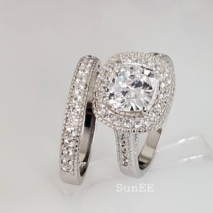 3.55ct Halo Cushion Cut Wedding Ring Set Engagement Ring Diamond Simulated 925 Sterling Silver Bridal Ring