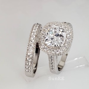 Cushion Cut Halo Wedding Ring Set: 3.55ct Simulated Diamond, Sterling Silver Bridal Ring