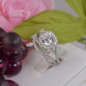 Cushion Cut Halo Wedding Ring Set: 2ct Simulated Diamond, Sterling Silver