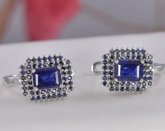 Pendientes de aro con doble halo de zafiro azul natural en plata de ley 925
