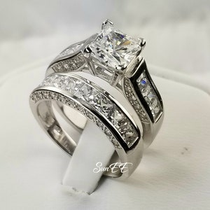 4.35ct Princess Cut Engagement Ring Wedding Ring Set Woman Diamond Simulated 925 Sterling Silver Women Bridal Ring Set image 2