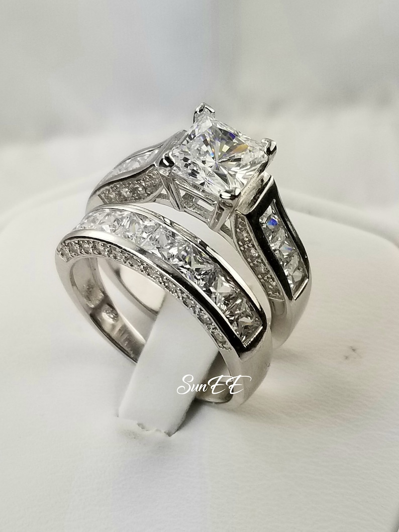 4.35ct Princess Cut Engagement Ring Wedding Ring Set Woman Diamond Simulated 925 Sterling Silver Women Bridal Ring Set image 2