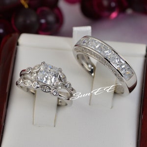 Art Deco Sterling Silver Wedding Ring Set: Simulated Diamond Bridal Rings